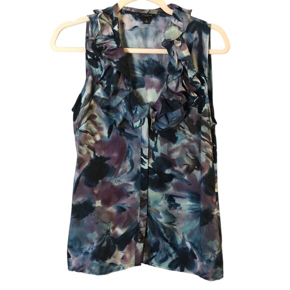 ANN TAYLOR 100% Silk Watercolor Ruffled Sleeveless Blouse - Picture 2 of 10